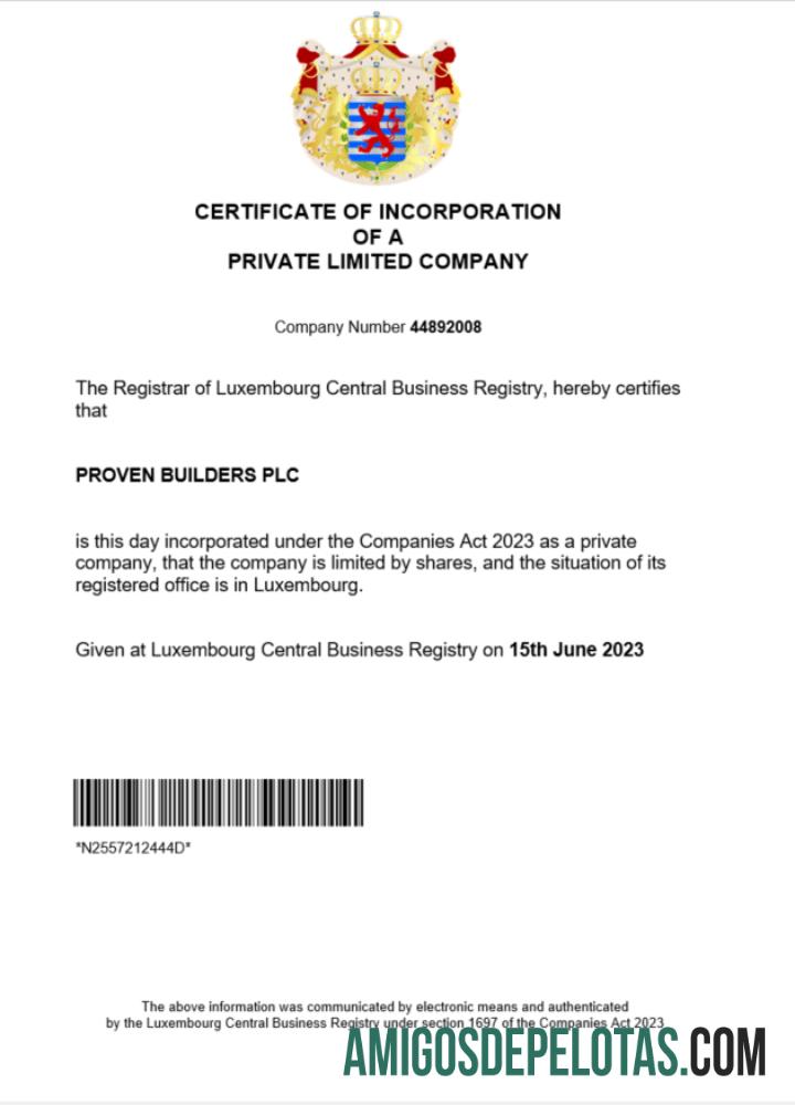 Modelo realista de certificado de registro comercial de Luxemburgo em Word e PDF